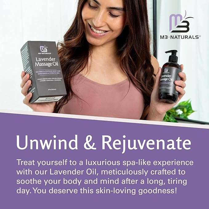 Lavender Sensual Massage Oil with Collagen and Stem Cells, Skin Tightening Therapy for Bum, Thighs, and Belly, Fast-Absorbing Cellulite Oil by M3 Naturals