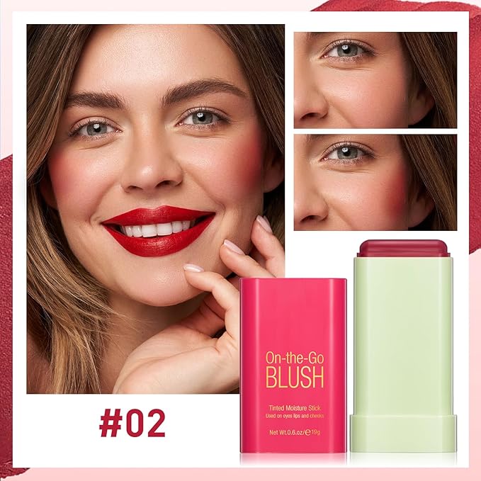 Blush Stick for Cheeks - Cream Makeup Blush Wand, Solid Moisturizer Stick for Cheeks Tint, Natural Blendable Waterproof Korean Matte Long-Lasting Smooth Blushes (#02 Hot Red)