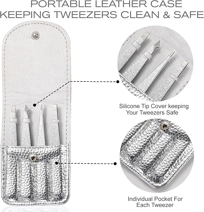 4-Pcs Glitter Stainless Steel Precision Tweezer Set for Eyebrows, Ingrown Hair & Lash Extensions (Bright Silver)