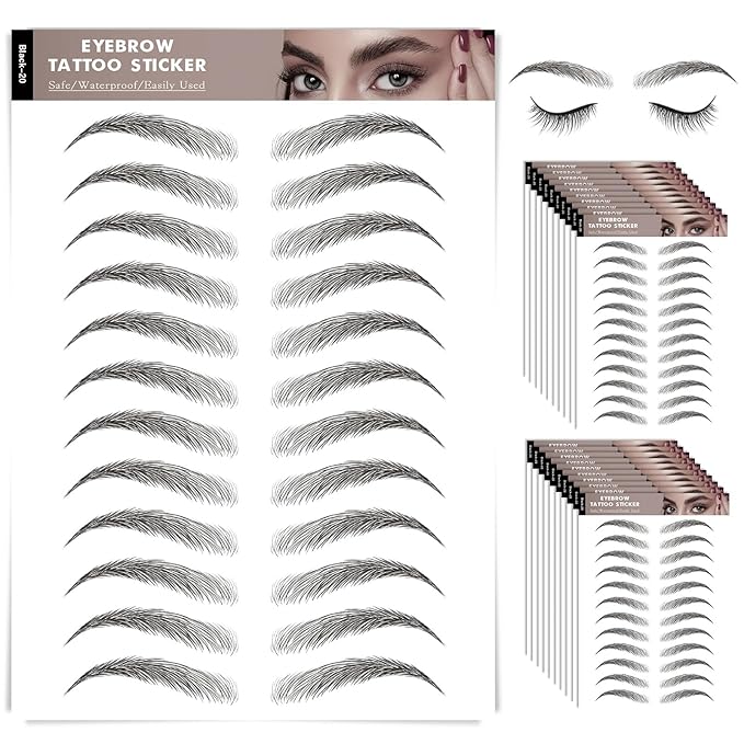 20 Sheets 240 Pairs Eyebrow Tattoo Sticker Waterproof 4D Hair-Like Natural Fake Tattoo Eyebrows Transfers Stickers Peel Off Brows Grooming Shaping Sticker in Natural Miami Vibe,Black