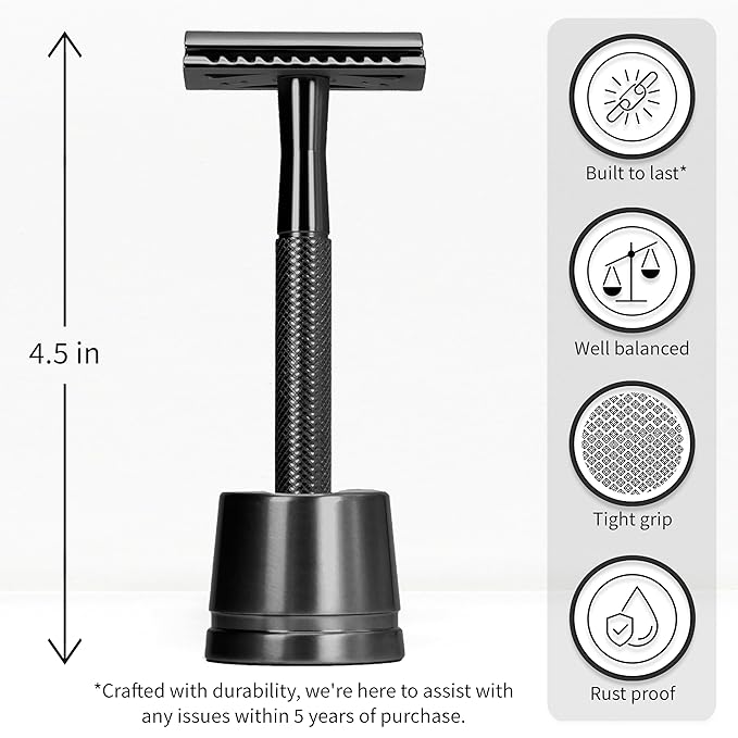 Bambaw Double Edge Safety Razor with 5 Safety Razor Blades, Single Blade Razor for Men with Razor Stand, Double Edge Razor, Safety Razors for Men - Black