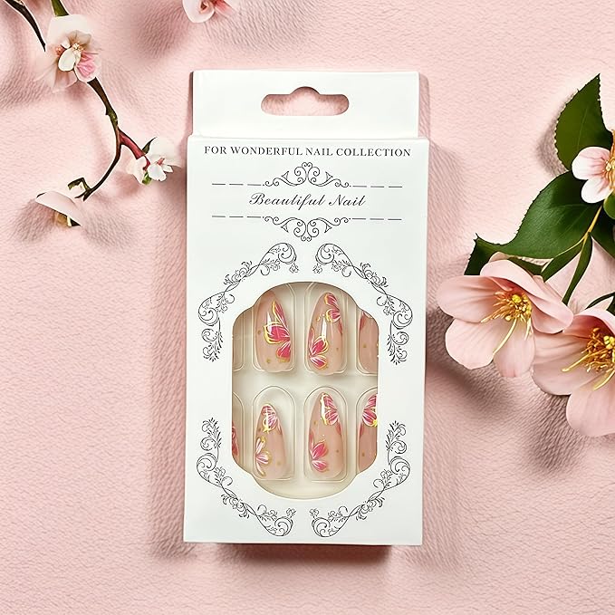 Flower Almond Press on Nails Medium Fake Nails with Golden Edge Design Glue on Nails Pink Floral Acrylic Nails Full Cover Stick on Nails Reusable Cute Glue on Nails Artificial Nails for Women 24Pcs