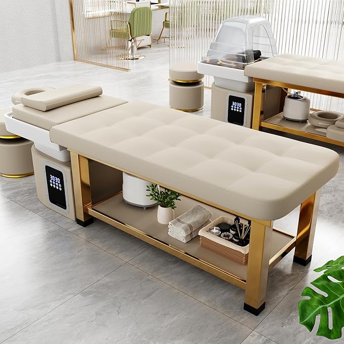 pouseayar Stationary Head Spa Massage Table with Water Cycle & Fumigation Salon Equipment for Beauty Head Spa Physical Therapy Massage, Stainless Steel Gold Color-Plated Frame, Beige Gray PU Leather