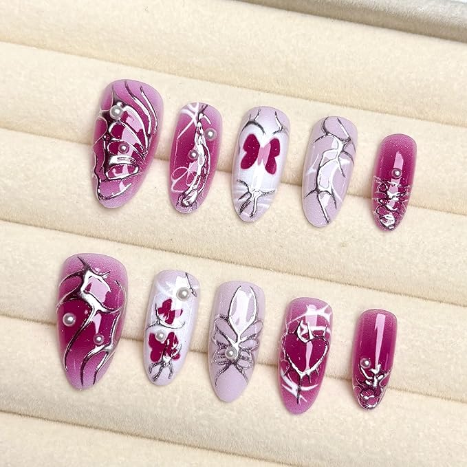 30Pcs Silver Butterfly Press on Nails Medium Almond Fake Nails with 3D Pearl Design Rose Red Gradient Bow Gilded Metal False Nails Y2K Style Full Cover Acrylic Stick on Nails for Manicure DIY