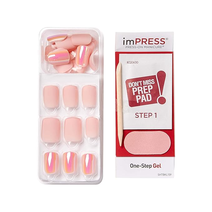 KISS imPRESS No Glue Mani Press On Nails, Design, 'Keep in Touch', Pink, Short Size, Squoval Shape, Includes 30 Nails, Prep Pad, Instructions Sheet, 1 Manicure Stick, 1 Mini File