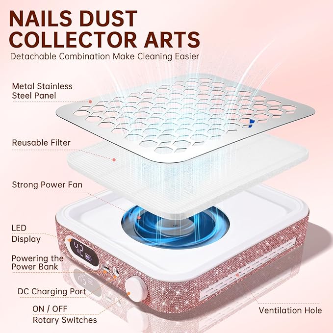 Nail Dust Collector, Rechargeable Dust Collector Nail Tech, Powerful Vacuum Fan Vent Dust Collector Extractor Dust Suction Machine for Acrylic Nails Polishing, Nail Salon&Home, Pink
