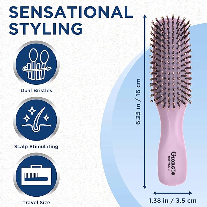 GIORGIO Hair Brush for Men and Women, Gentle Mini Hair Detangler Brush, Dual Length Bristles, Scalp Massager, Travel Detangling Brush, All Hair Types, Pink