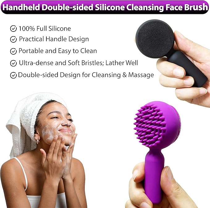 2 PC Silicone Facial Cleansing Brush 2 in 1 Facial Scrubber Manual Exfoliating Facial Brush Face Cleanser Face Exfoliator Ultrafine Bristles for Sensitive Skin Easy to Clean Lather Well(Black&Purple)