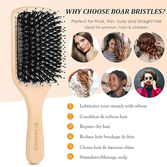 Hair Brush, 2 Pack Boar Bristle Paddle Hairbrush for Women Men Kids Reducing Frizzy, No More Tangle, Small Travel Brush Tail Comb & Giftbox Included