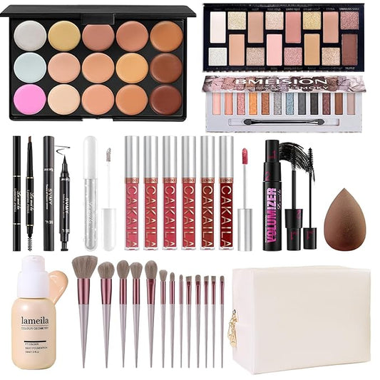 Makeup Present Set for Teen Girl Women, Travel Makeup Kit, Makeup Full Kit for Beginner, Makeup Bundle Include 2 Matte & Shimmer Eyeshadow Palettes, Liquid Glitter Eyeshadow & Eyeliner