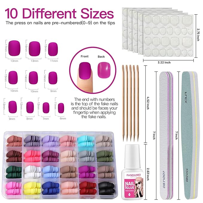 FANDAMEI Short Press on Nails, 24 Packs 576PCS Short Round Press on Nails Matte, Acrylic Small Fake Nails Full Cover, Matte Glue on Nails with 7g Nail Glue, 24 Color False Nail