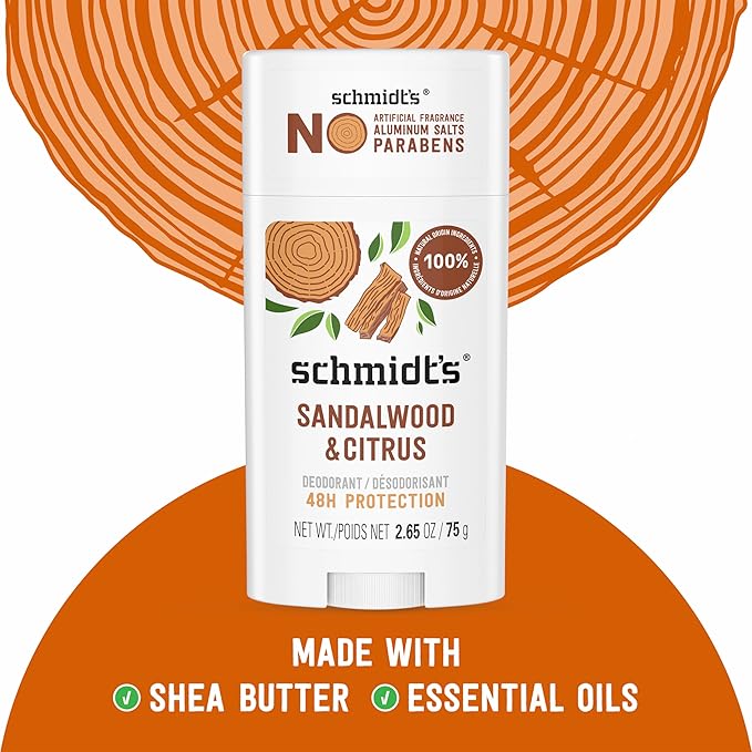 Schmidt's Aluminum-Free Vegan Deodorant Sandalwood & Citrus for Women and Men, with 24 Hour Odor Protection, Natural Ingredients, Cruelty-Free, 2.65 oz