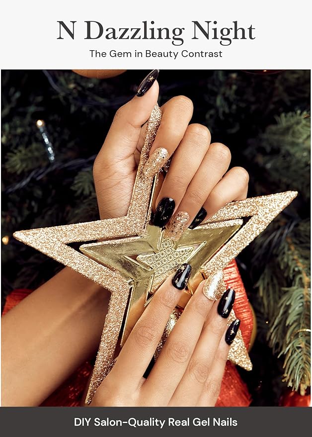 ohora Semi Cured Gel Nail Strips (N Dazzling Night) - Black, Glitter, Works with Any UV/LED Lamps, Salon-Quality, Long Lasting, Easy to Apply & Remove - Includes 2 Prep Pads, Nail File & Wooden Stick