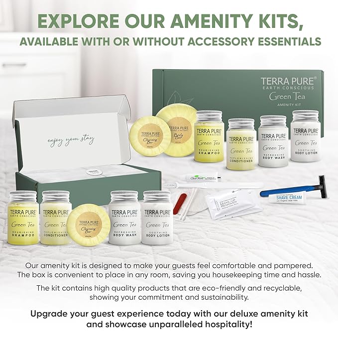 Terra Pure Green Tea Amenity Kit | Boxed Hotel Bulk Toiletries | 1 oz Shampoo, Conditioner, Lotion, Body Wash, Body Bar Soap for Guest Hospitality Vacation Rentals | 15 Sets/Case