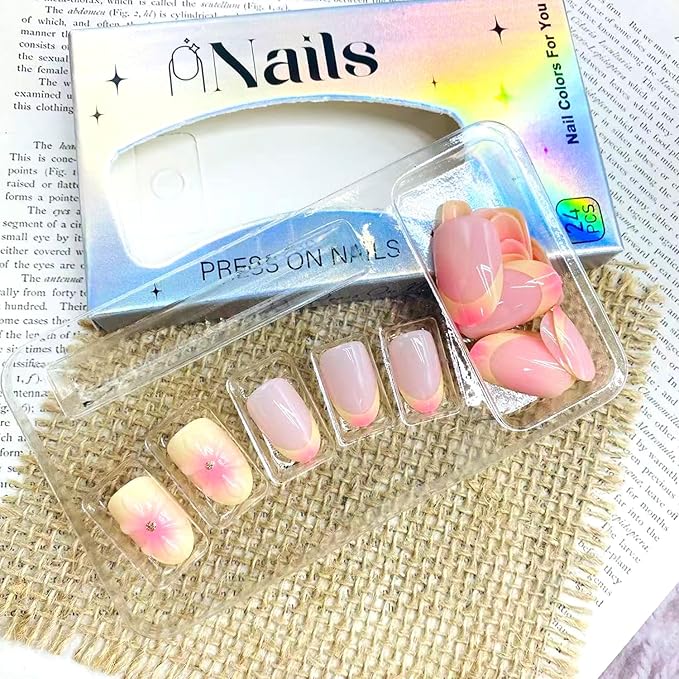 Fall French Tip Press on Nails Short Almond False Nails With Yellow Pink Gradient Design Full Cover Glue on Nail Reusable 3D Flower Acrylic Fake Nails Glossy Artificial Stick on Nail for Women