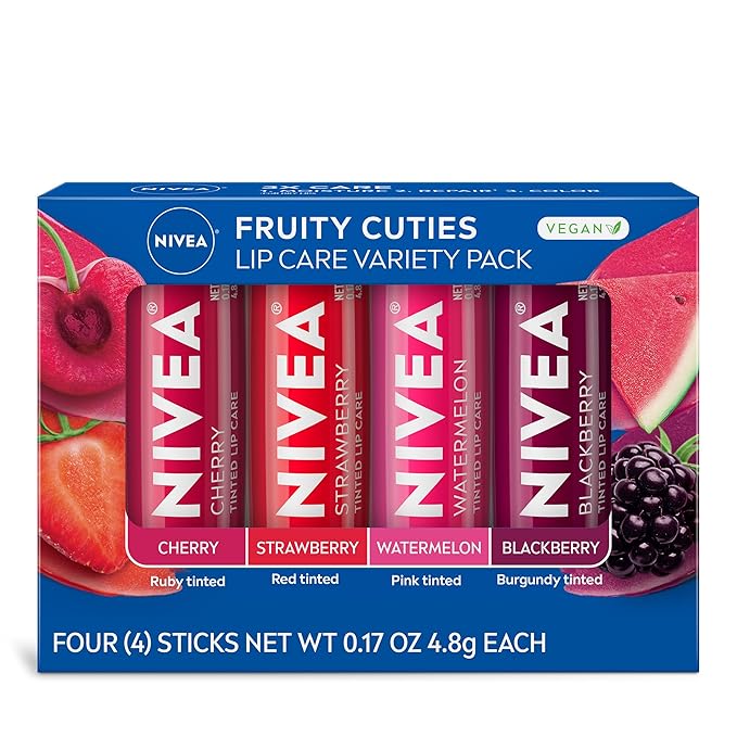NIVEA Lip Care, Fruity Tinted Lip Balm Variety Pack, Cherry, Strawberry, Blackberry and Watermelon Flavors, 3-in-1 Moisture, Repair and Color, 0.17 Oz Stick, Pack of 4