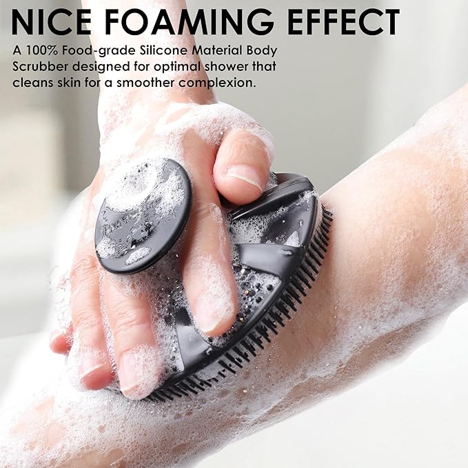 INNERNEED Food-Grade Soft Silicone Body Scrubber Shower Brush Handheld Cleansing Skin Brush, with Exfoliating Net Sponge Case (Black Brush)