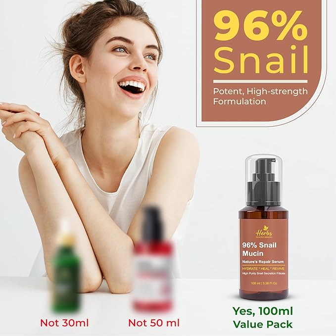 Herbs Healthy Healing Snail Mucin 96% Essence – Korean Hydrating Face Serum (3.38 fl oz) – Nourishing Skincare for Fine Lines, Uneven Tone & Dehydrated Skin – Lightweight, Fast-Absorbing Formula