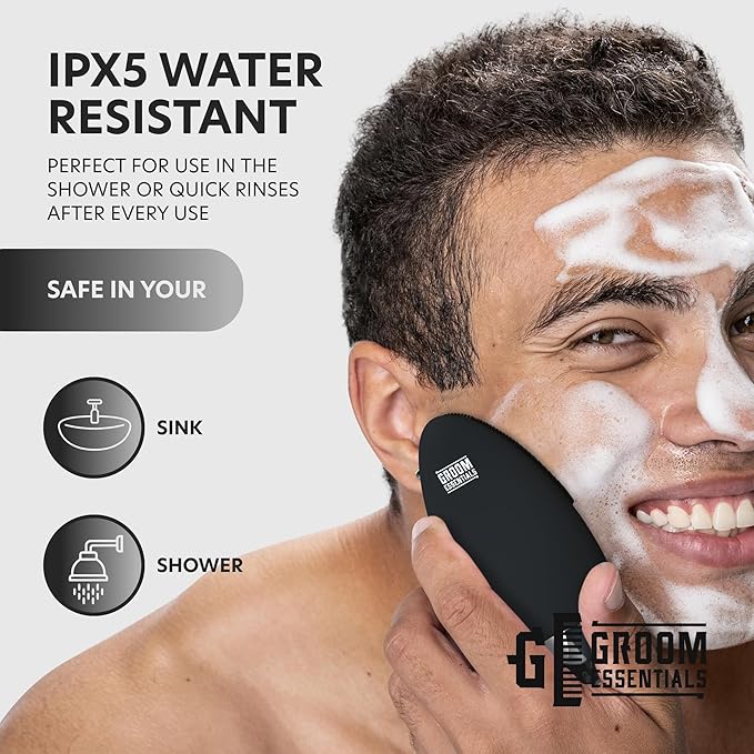 ChargeWorx Groom Essentials Rechargeable Silicone Face Scrubber, Sonic Face-and-Eye Massager, Pore-Cleansing Brush, IPX5 Water-Resistant, Battery Operated with USB Charging Cable, Black