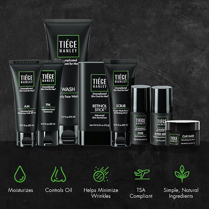 Tiege Hanley Skin Care Set for Men, Rejuvenation Routine, System Level 5, Face Wash, Scrub, Moisturizers, Eye Cream, Serum, Clay Mask, & Retinol Stick for Healthy Skin, Men’s Skin Care, 8 Piece Kit
