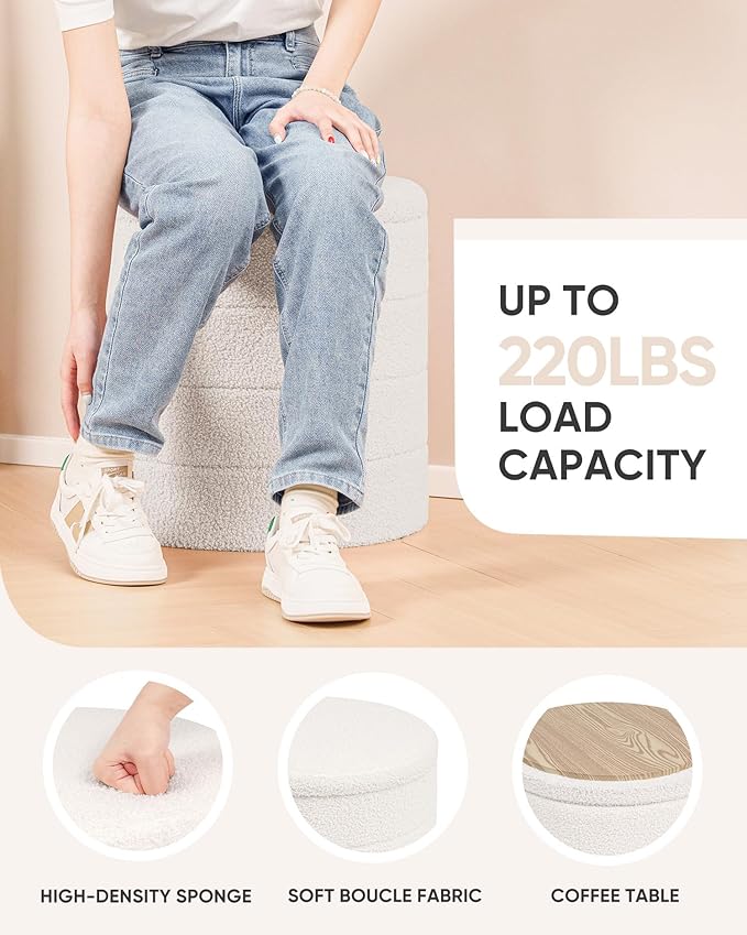 B FSOBEIIALEO Ottoman with Stroage, Round Sherpa Storage Ottoman Stool, Boucle Foot Rest 16.9"x16.9"x17.7"（White