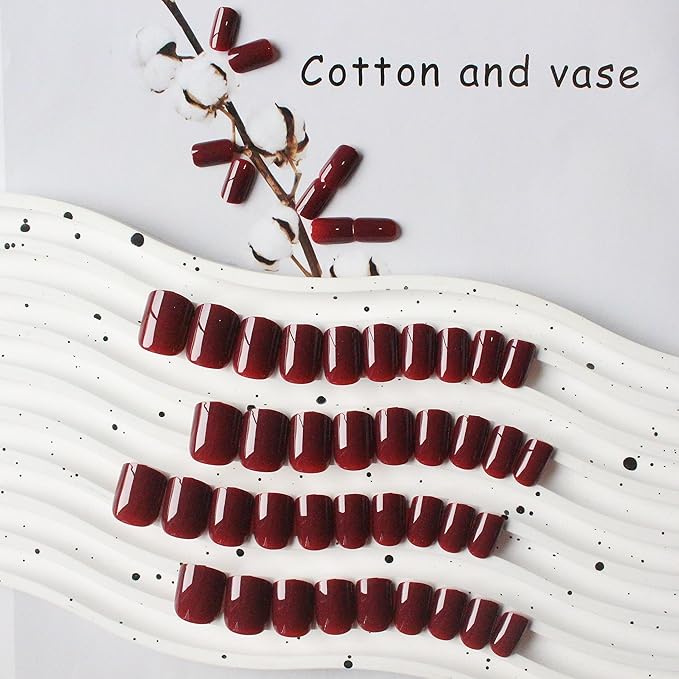 48Pcs Burgundy Red Press on Nails Short Square Fake Nails, Dark Red Glue on Acrylic Nails Stick on for Women, Natural Handmade Thick Extra Short Nails