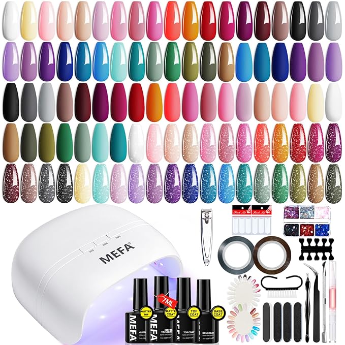 MEFA 60 Pcs Gel Nail Polish Kit with U V Light, 32 Colors Classic Popular Nail Kit Soak Off Nail Polish Gel Set with Matte/Glossy Base Top Coat Easter Decorations Manicure Tools Gifts for Women
