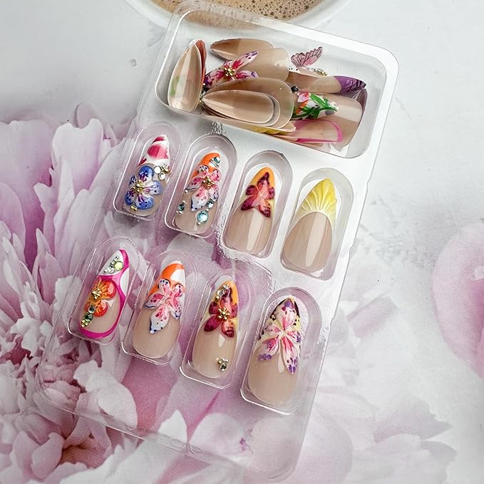 24Pcs Flower Press on Nails Medium Almond Fake Nails with 3D Colorful Spring Floral Butterfly Design Gold Beads Rhinestones Charms False Nails French Tips Glue on Nails for Women Daily Wear