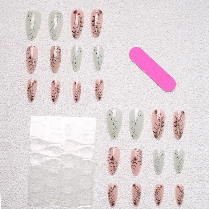 24Pcs Halloween Press on Nails Medium Almond Fake Nails with Red Silver Fishbone Design Gothic False Nails Full Cover Artificial Glue on Nails Halloween Glitter Stick on Nail for Women Acrylic Kit