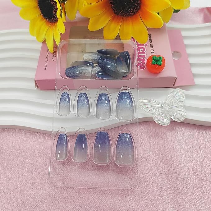 24pcs Short Press On Nails, Coffin Shape, Blue, Glossy, Cat's Eye Designs, Full Cover, Plastic Material, Quick On, Full Well Tips, False Nails, Art Deco Style