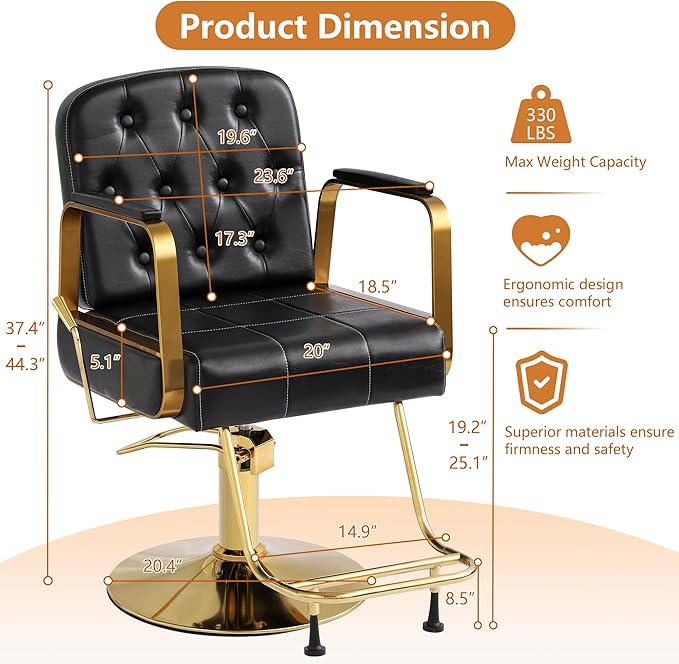 Barber Salon Chair for Hair Sylist, Hydraulic Salon Chairs, Height Adjustable Barber Chairs, Reclining Barber Styling Chairs, 360 Degrees Rotation Shampoo Chair for Barbershop (Black)