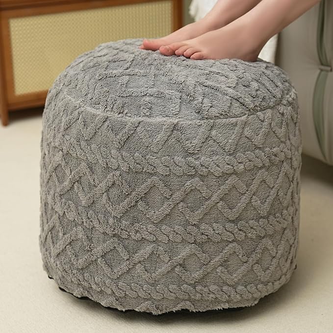Round Stuffed Pouf Ottoman for Foot Rest, Faux Fur Poufs with Foam Chunk Filling, Storage Ottoman Pouf Foot Stool Cushion, 20 X 15 InchFloor Poufs Foot Rest for Living Room Bedroom Home Decor (Grey)