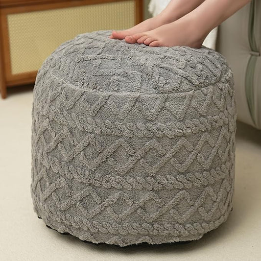 Round Stuffed Pouf Ottoman for Foot Rest, Faux Fur Poufs with Foam Chunk Filling, Storage Ottoman Pouf Foot Stool Cushion, 20 X 15 InchFloor Poufs Foot Rest for Living Room Bedroom Home Decor (Grey)