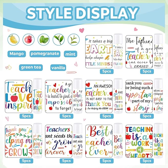 Dunzy 50 Pcs Thank You Gift Lip Balm Bulk Baby Shower Party Favors Bridal Shower Favor Lip Care with Assorted Fruit Flavors Thank You Lipstick for Guest Basket Gift Stuffer (Teacher)