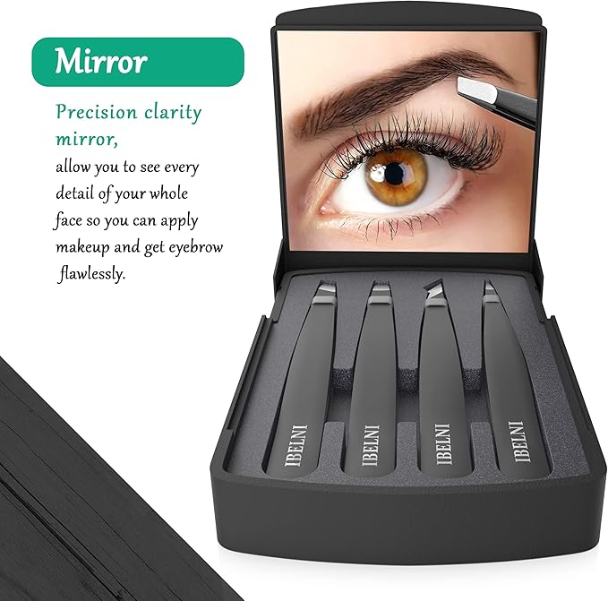 Tweezers Set with Mirror Case - Tweezers for Women facial hair-Professional Twizzers Facial Hair Tweezers for Eyebrows- Stainless Steel Tweezer kit with mirror compact (Black)