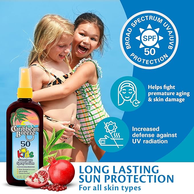 Caribbean Breeze Kids Sunscreen Spray SPF 50 Lotion, Mango Scent Lime Fragrance Tanning Sunscreen Spray On Sunscreen with Green Tea & Pomegranate Extracts, 8.5 oz (250 ml)