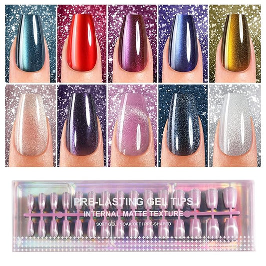 Cat Eye Press on Nails, 300Pcs Short Coffin Cat Eye Nail Tips, Glossy Glitter Soft Gel Fake Nails for Women and Girls Stick On Nails in 15 Sizes