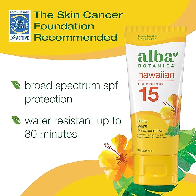 Alba Botanica Sunscreen for Face and Body, Hawaiian Aloe Vera Sunscreen Lotion, Broad Spectrum SPF 15, Water Resistant and Biodegradable, 3 fl. oz. Bottle