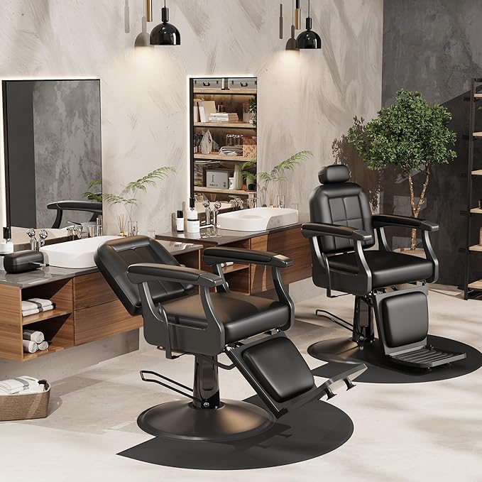 Baasha Black Heavy-Duty Barber Chair, Reclining Professional Salon Chair with Adjustable Headrest & Comfort Padding, 550 lbs Capacity