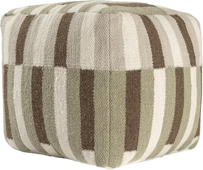 LR Home Handmade Modern Geometric Square Indoor Medium Pouf Ottoman, Ivory/Brown | Wool & Cotton Cube Foot Rest for Home Decor | 18 x 18 x 18 Stuffed Ottoman for Living Room, Bedroom & Dorm