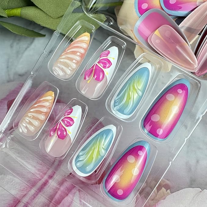 24Pcs Summer Shell Press on Nails Medium Almond Fake Nails with 3D Starfish Design White French Tip Colorful Ombre False Nails Pink Gradient Spring Flower Stick on Nails for Manicure DIY
