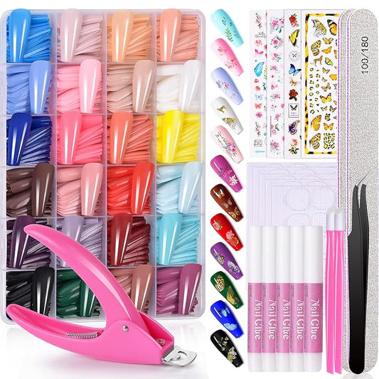 TsMADDTs Long Coffin Press On Nails Set, 24 Colors Ballerina Coffin Fake Nails with Glue, Files, Stickers for Nail Art DIY