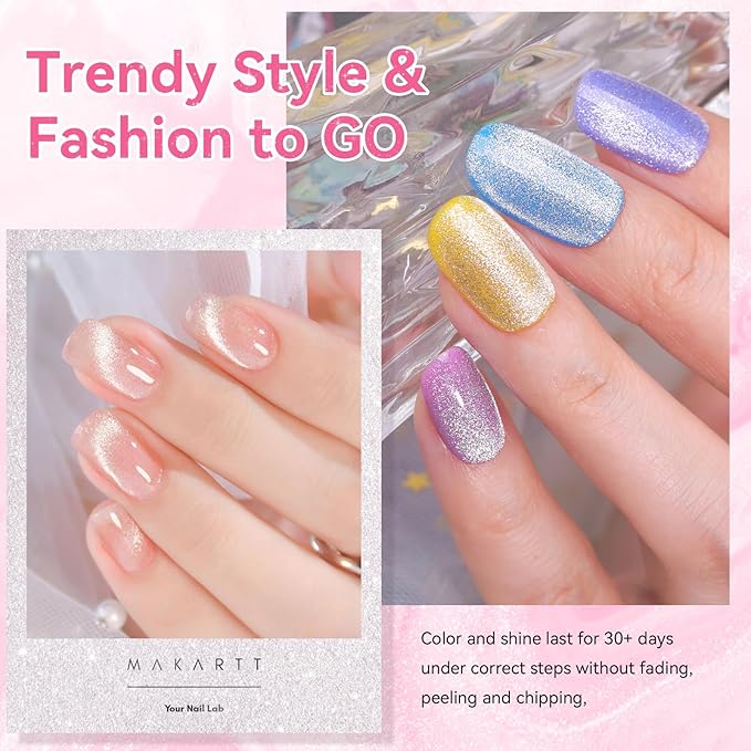 Makartt Universal Silver Cat Eye Gel Polish: Sparkle Glitter Nail Polish Holographic Magnetic Gel with Magnet DIY at Home for Beginner Easy to Use Nail Art Design Manicure 10ml