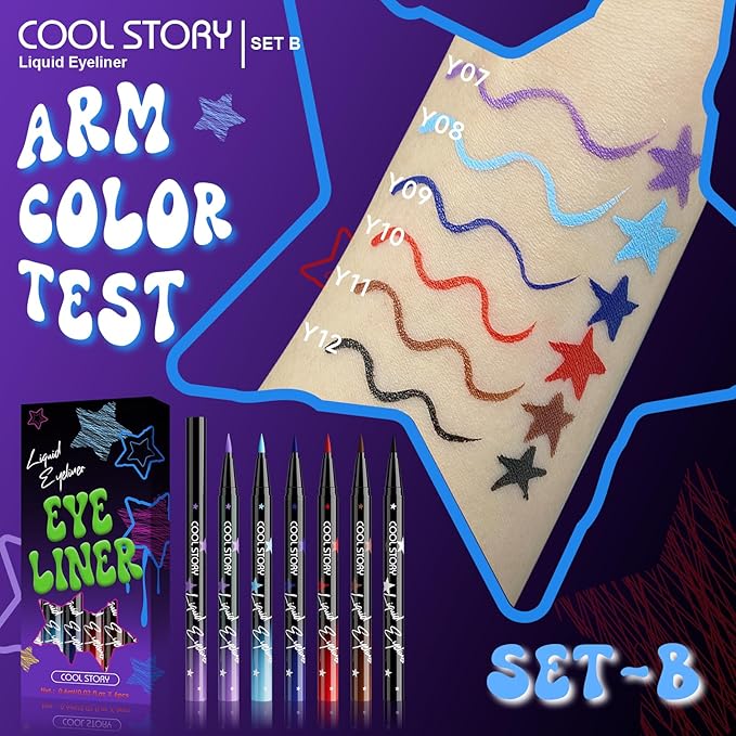 Liquid Eyeliner Waterproof Smudge Proof Colorful Eye Liner 24H Long-Lasting Makeup (SET-B)
