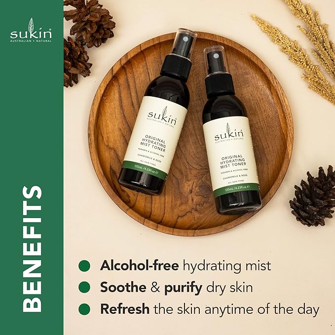 Sukin Organics Hydrating Mist Toner, Rosewater Facial Mist Spray, Refreshing Skin Care Routine for Face & Neck, Suitable for All Skin Types, 4.23 Fl Oz