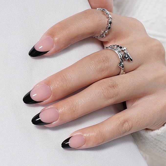 Black French Tip Press On Nails - Black Short Almond Fake Nails, French Tip Press On Nails Reusable Stick On Nails in 16 Sizes, 32pcs False Nail Kit for Women & Girls