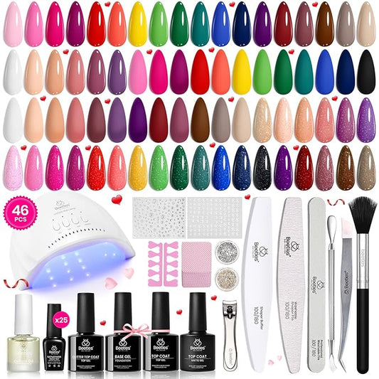 Beetles Gel Nail Polish Kit with UV Light, 46 PCS 25 Colors Valentines Gel Nail Polish Set Base Glossy Matte Glitter Top Coat Nails Polish Red Green Brown Blue Pink Nude Manicure Gift for Women