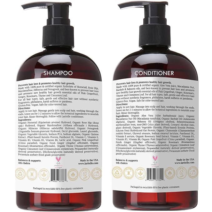 Laritelle Organic Hair Growth Set | Shampoo 17 oz + Conditioner 16 oz + Hair Loss Treatment 4 oz | Organic Quinoa + Keratin + Rosemary, Ginger & Grapefruit | NO GMO, SLS, Gluten, Parabens, Phthalates