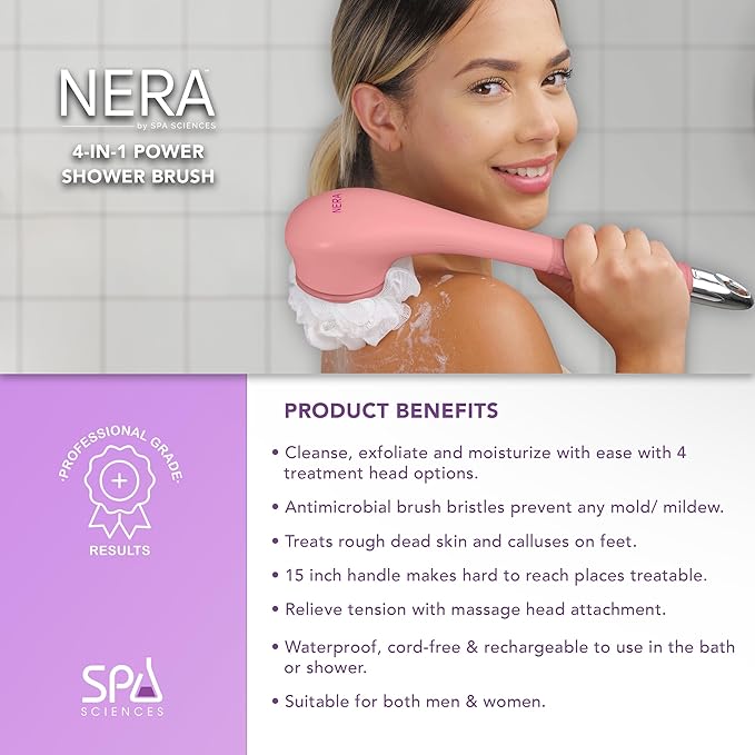 Spa Sciences - NERA - 4-in-1 Shower/Bath Body Brush for Exfoliation, Deep Cleansing, Foot Care, Lotion Infuser, and Massage