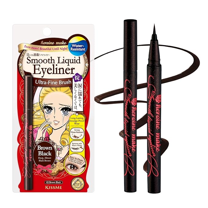 Heroine Make by KISSME Liquid Eyeliner Pen with Ultra-Fine 0.1mm Tip, Waterproof Eyeliner for Sensitive Skin, Cat Eye Liner for Long Lasting Wear, Made in Japan, SMOOTH Brown Black, 1 Count,